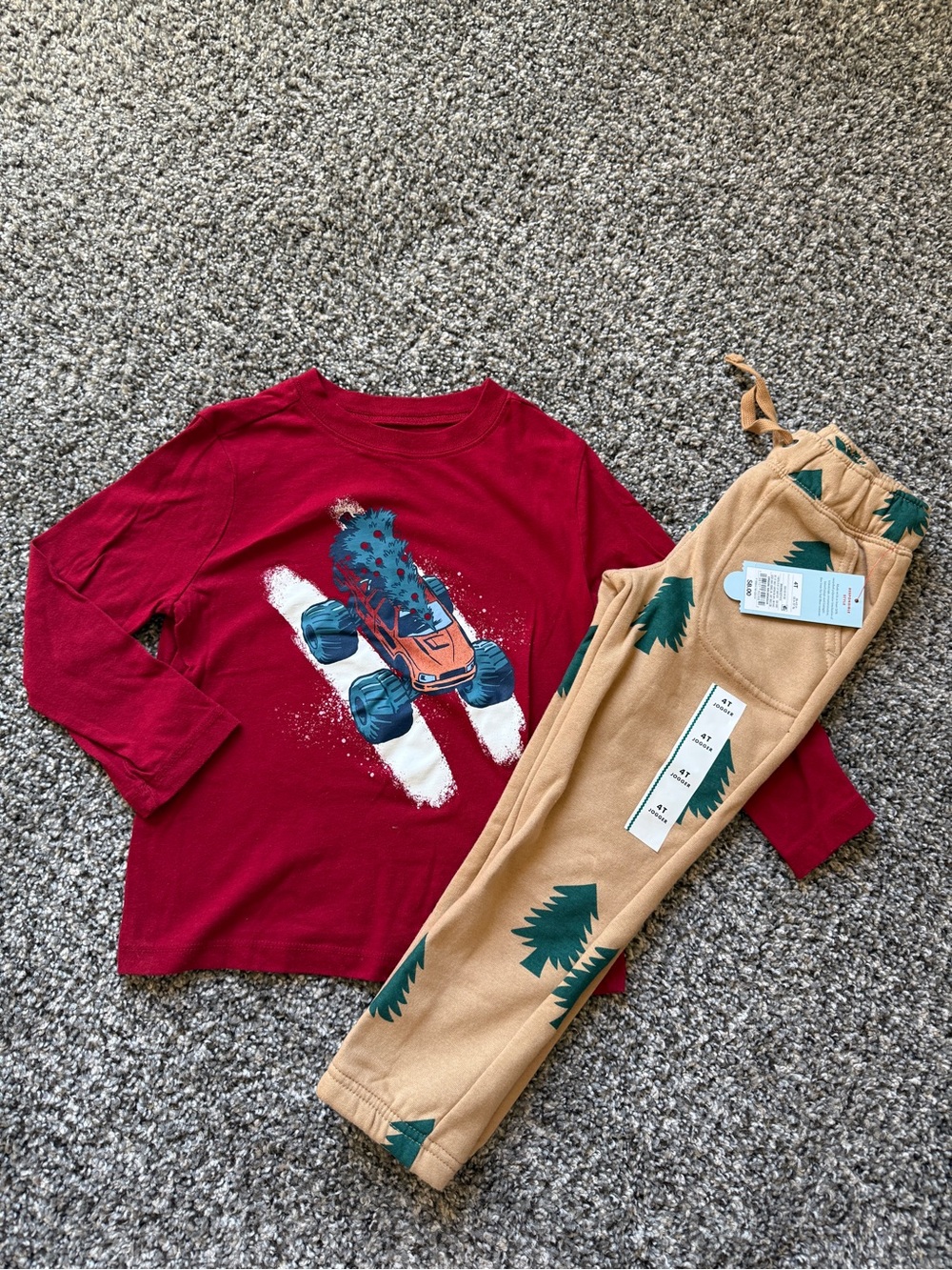 Carter's Red Monster Truck Long-Sleeve Tee with Tan Tree Print Joggers